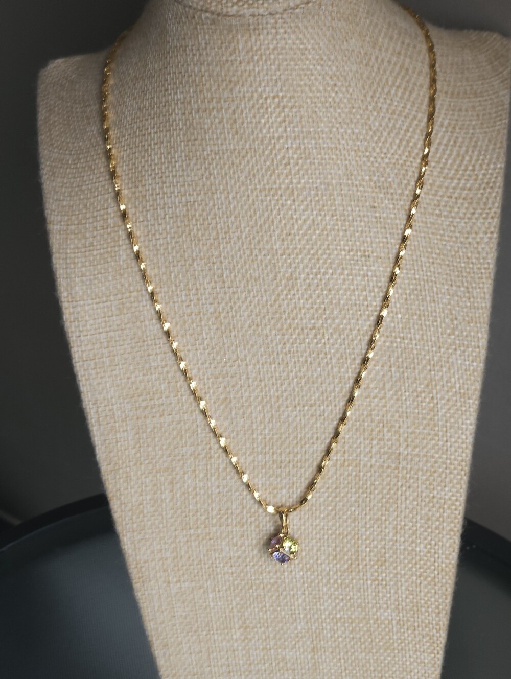 Unique Gold-Tone Geometric Pendant Necklace with Tanzanite and Peridot Stones